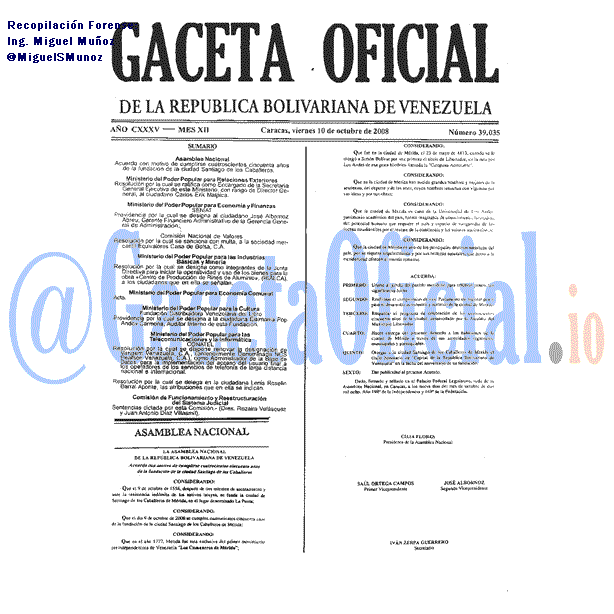 Gaceta Oficial 39035 del 10 Octubre 2008
