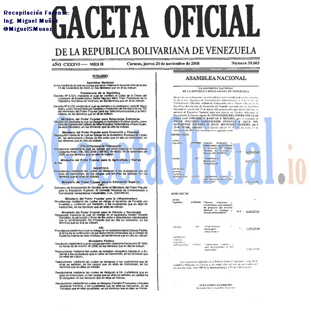 Gaceta Oficial 39063 del 20 Noviembre 2008