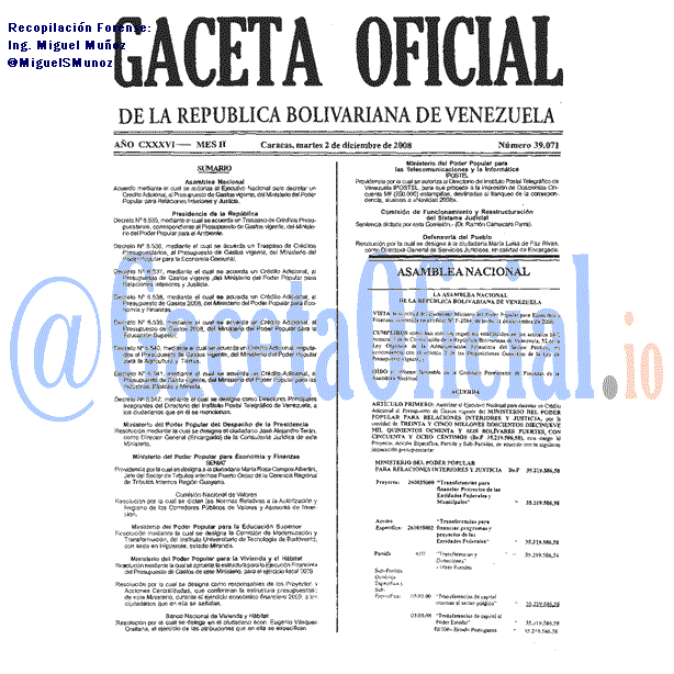 Gaceta Oficial 39071 del 2 Diciembre 2008