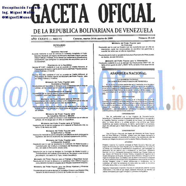 Gaceta Oficial 39145 del 24 Marzo 2009