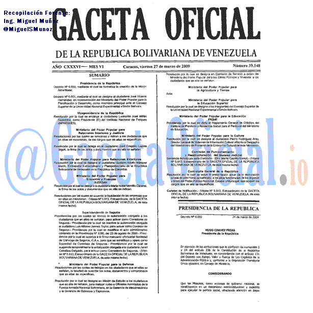 Gaceta Oficial 39148 del 27 Marzo 2009