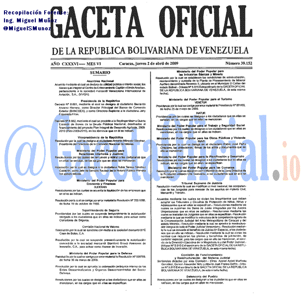 Gaceta Oficial 39152 del 2 Abril 2009