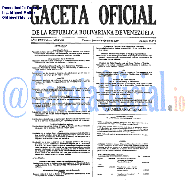Gaceta Oficial 39193 del 4 Junio 2009