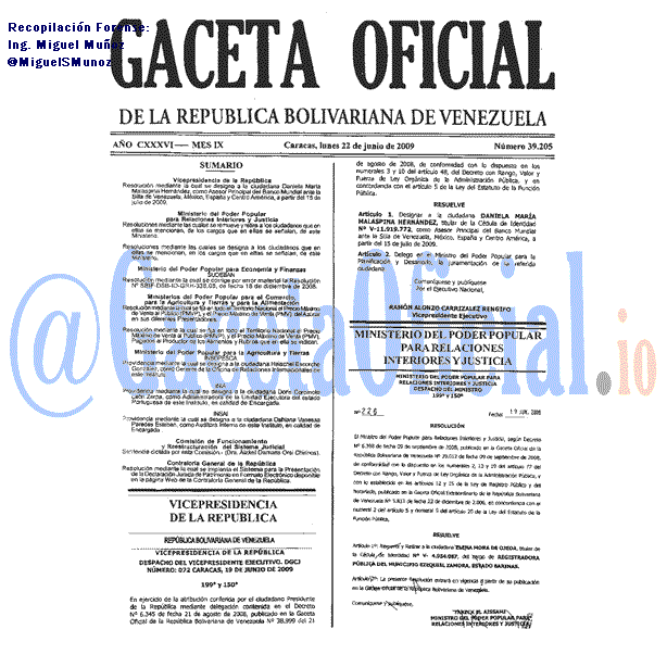 Gaceta Oficial 39205 del 22 Junio 2009