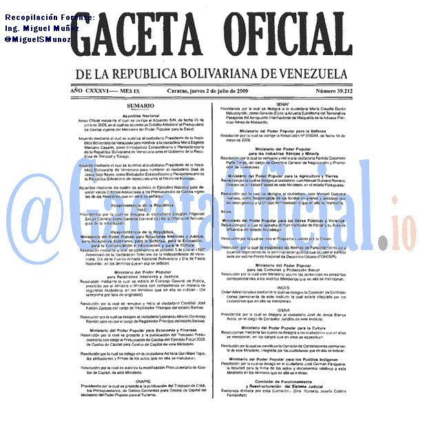 Gaceta Oficial 39212 del 2 Julio 2009