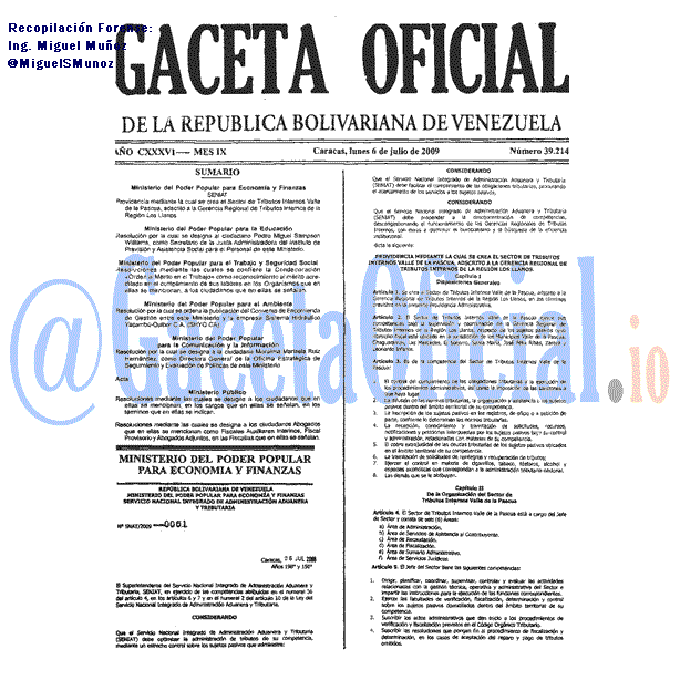 Gaceta Oficial 39214 del 6 Julio 2009