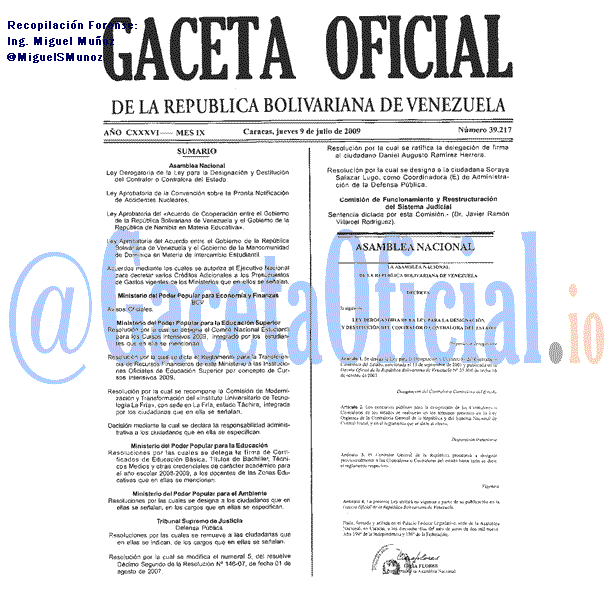 Gaceta Oficial 39217 del 9 Julio 2009