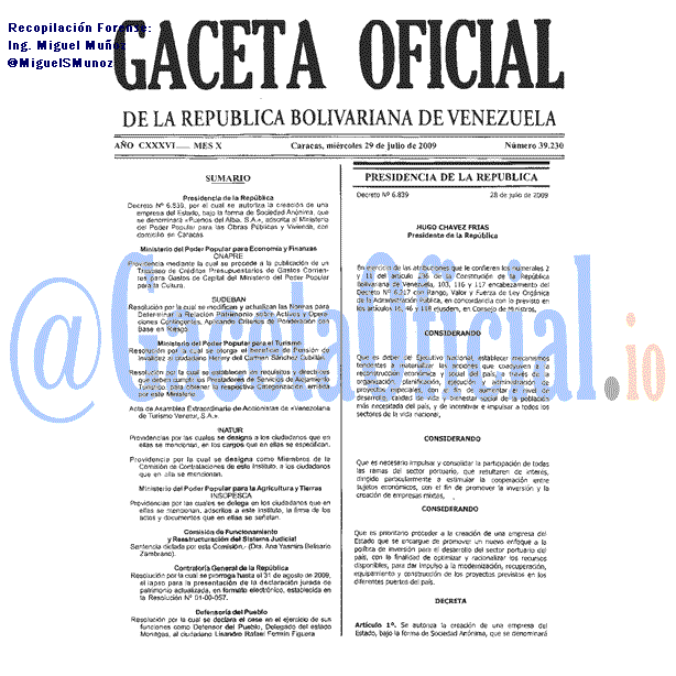 Gaceta Oficial 39230 del 29 Julio 2009