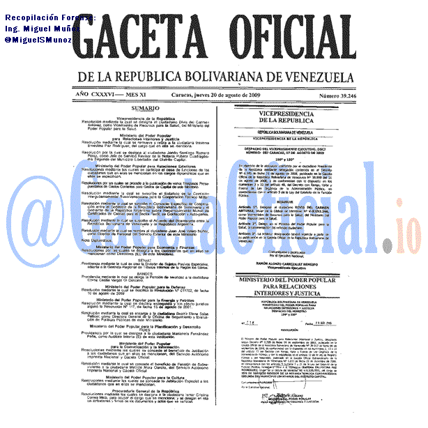 Gaceta Oficial 39246 del 20 Agosto 2009