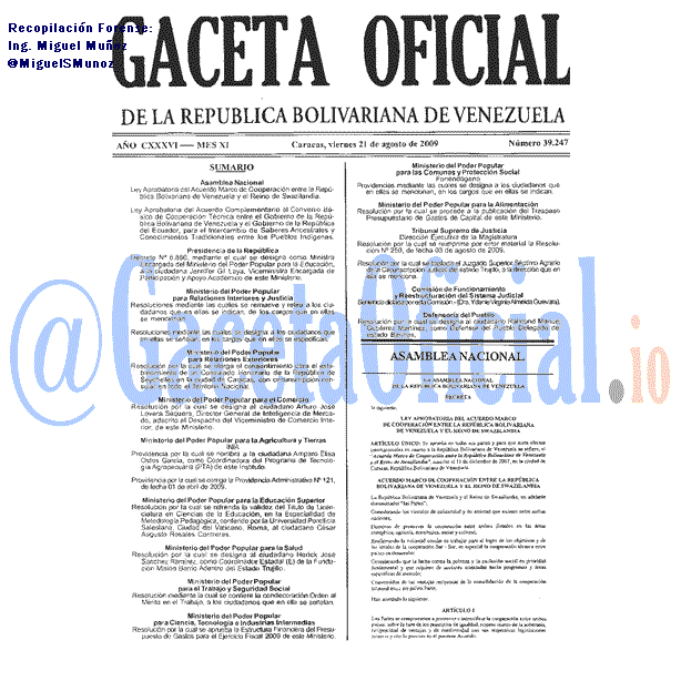Gaceta Oficial 39247 del 21 Agosto 2009
