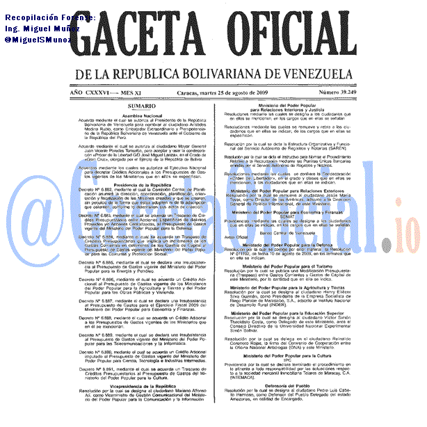 Gaceta Oficial 39249 del 25 Agosto 2009