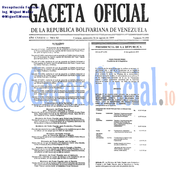 Gaceta Oficial 39250 del 26 Agosto 2009