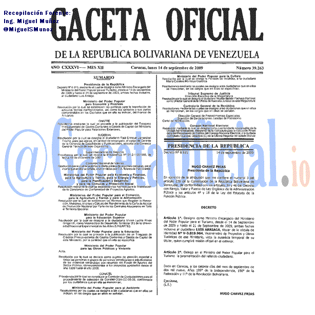 Gaceta Oficial 39263 del 14 Septiembre 2009