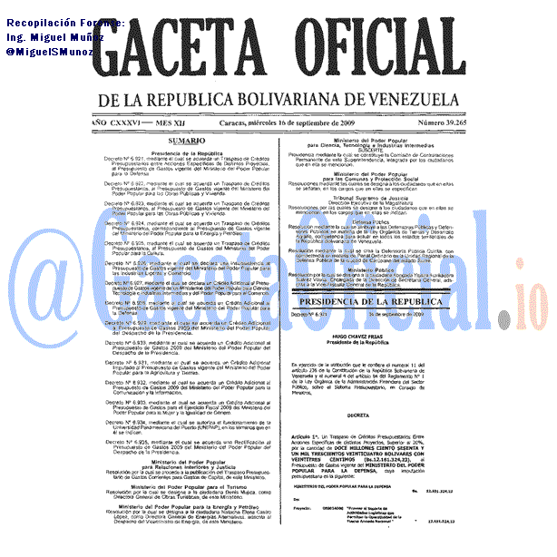 Gaceta Oficial 39265 del 16 Septiembre 2009