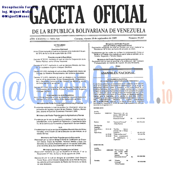Gaceta Oficial 39267 del 18 Septiembre 2009