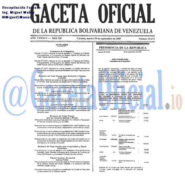 Gaceta Oficial 39274 del 29 Septiembre 2009