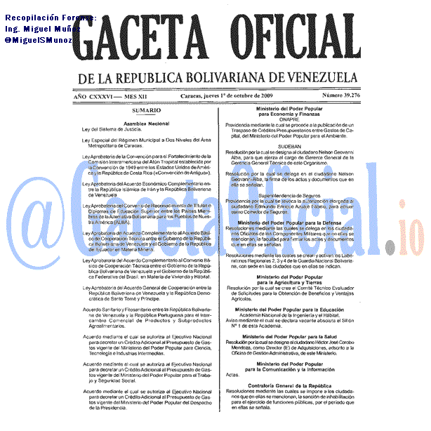 Gaceta Oficial 39276 del 1 Octubre 2009