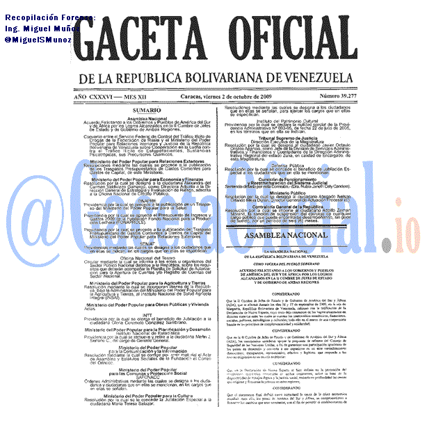 Gaceta Oficial 39277 del 2 Octubre 2009