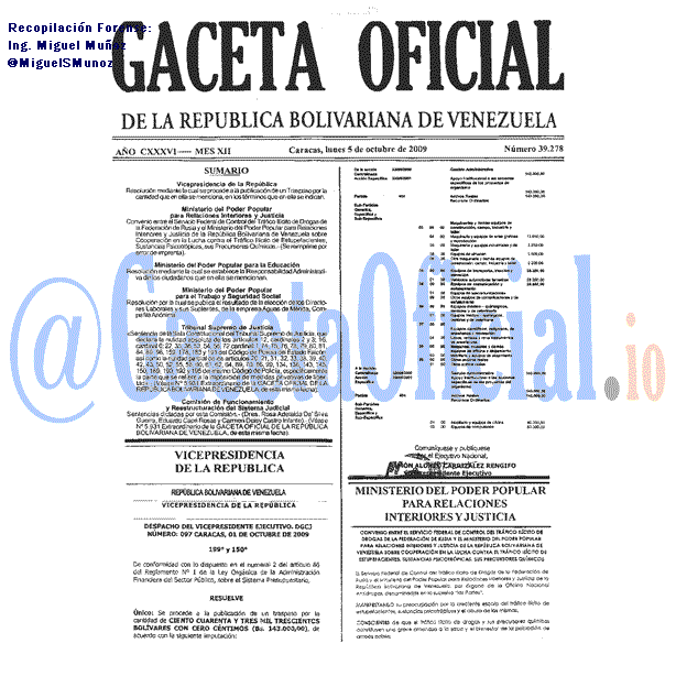 Gaceta Oficial 39278 del 5 Octubre 2009