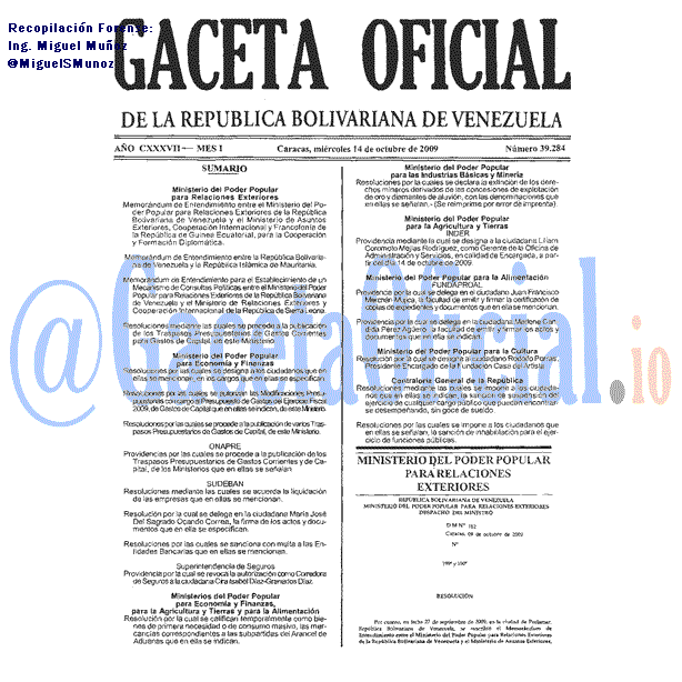 Gaceta Oficial 39284 del 14 Octubre 2009