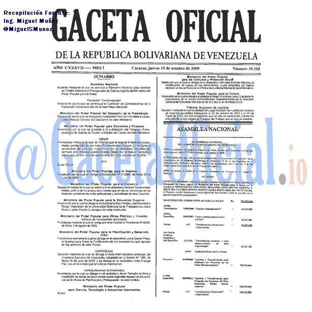 Gaceta Oficial 39285 del 15 Octubre 2009