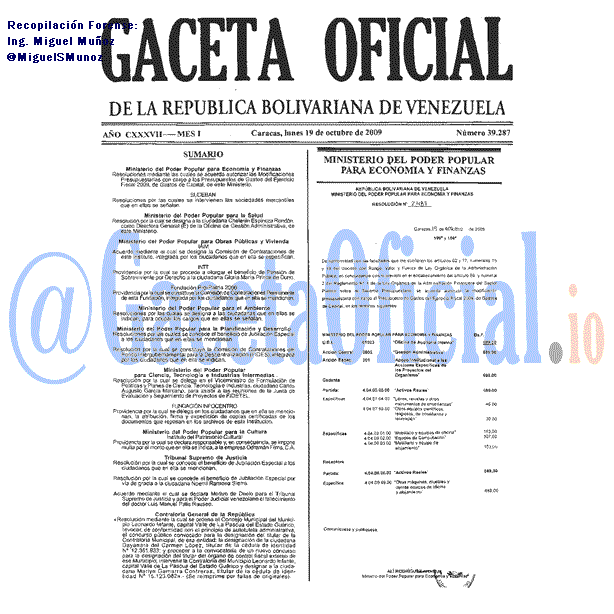 Gaceta Oficial 39287 del 19 Octubre 2009