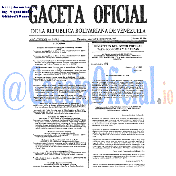 Gaceta Oficial 39296 del 30 Octubre 2009