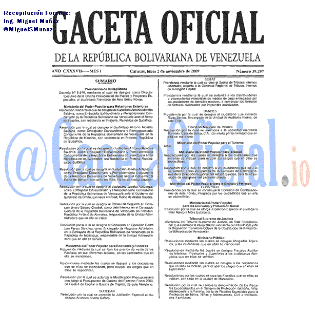 Gaceta Oficial 39297 del 2 Noviembre 2009