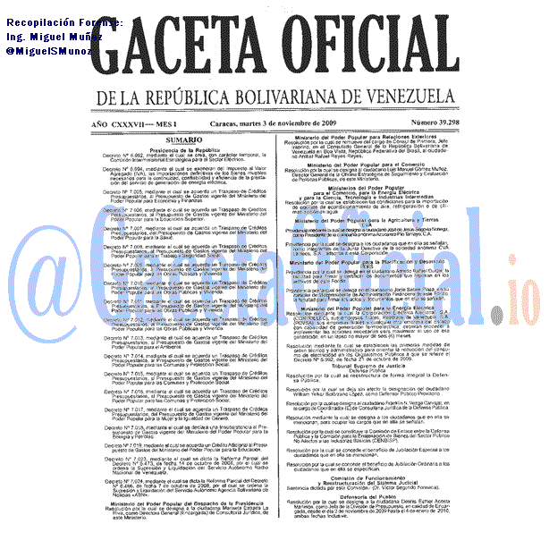 Gaceta Oficial 39298 del 3 Noviembre 2009