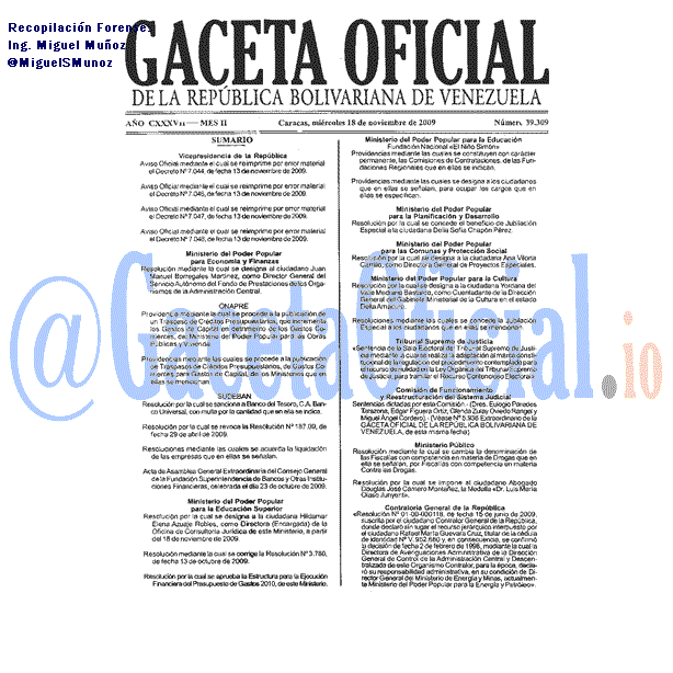 Gaceta Oficial 39309 del 18 Noviembre 2009