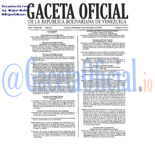 Gaceta Oficial 39314 del 25 Noviembre 2009