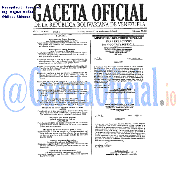 Gaceta Oficial 39316 del 27 Noviembre 2009