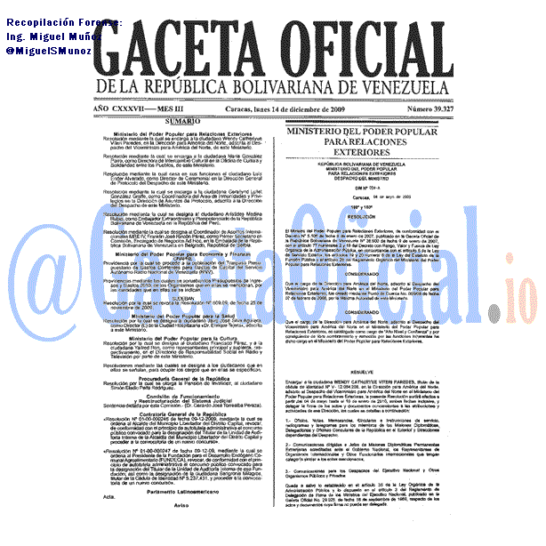 Gaceta Oficial 39327 del 14 Diciembre 2009