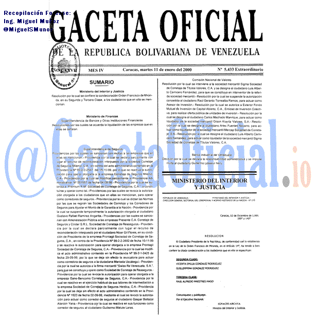 Gaceta Oficial 5433 del 11 Enero 2000