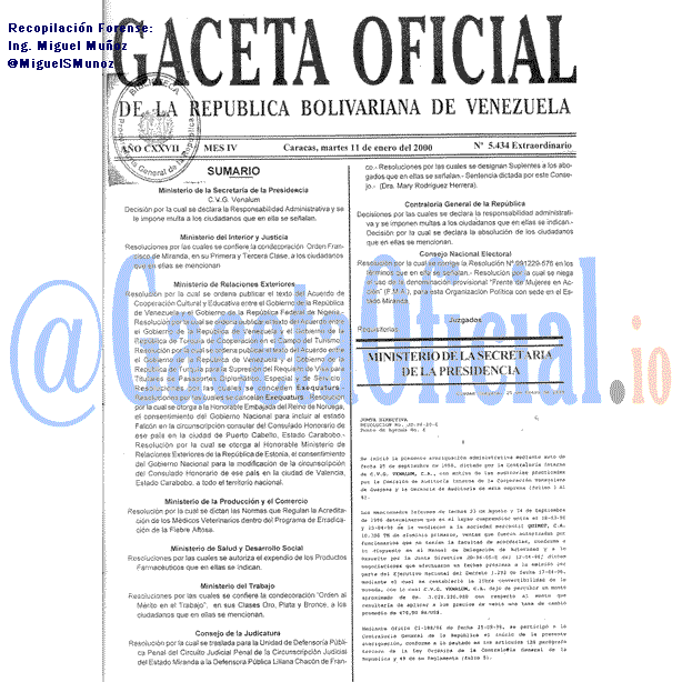 Gaceta Oficial 5434 del 11 Enero 2000