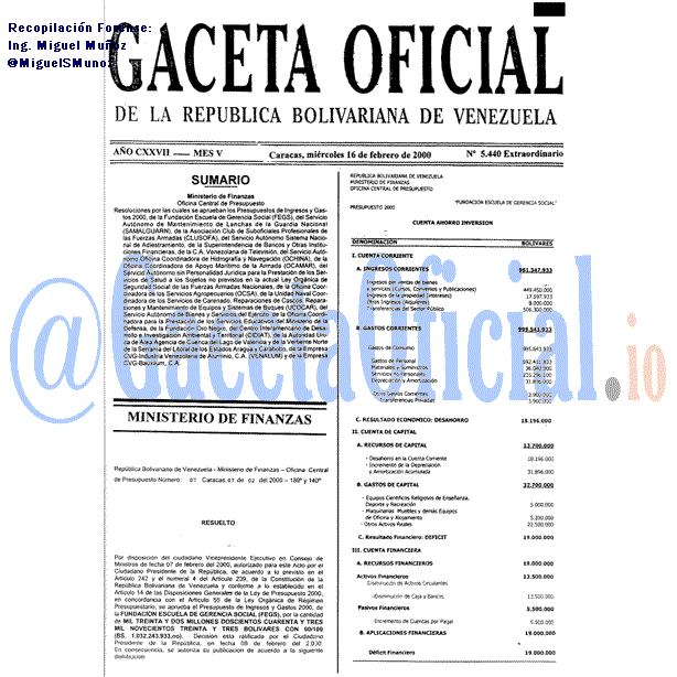 Gaceta Oficial 5440 del 16 Febrero 2000