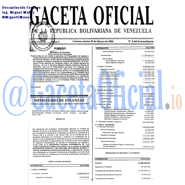 Gaceta Oficial 5444 del 29 Febrero 2000