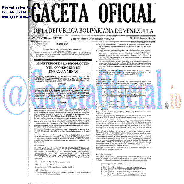 Gaceta Oficial 5512 del 29 Diciembre 2000