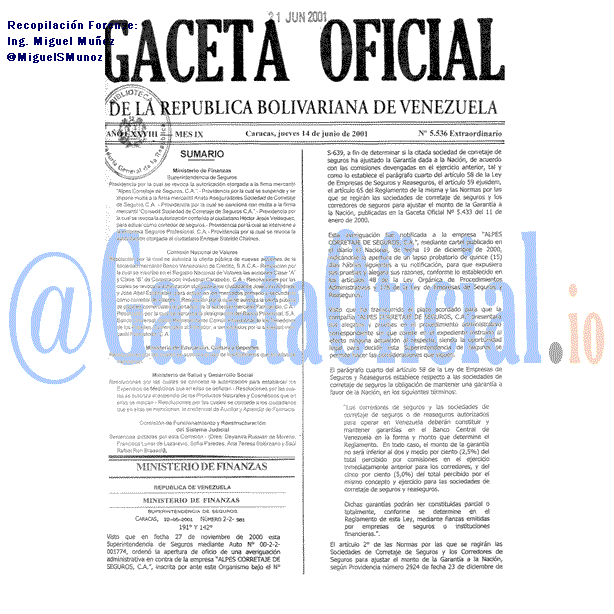 Gaceta Oficial 5536 del 14 Junio 2001