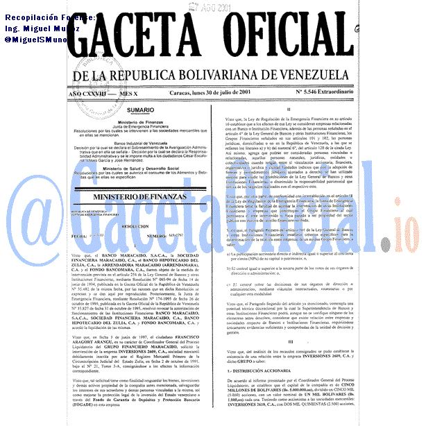 Gaceta Oficial 5546 del 30 Julio 2001