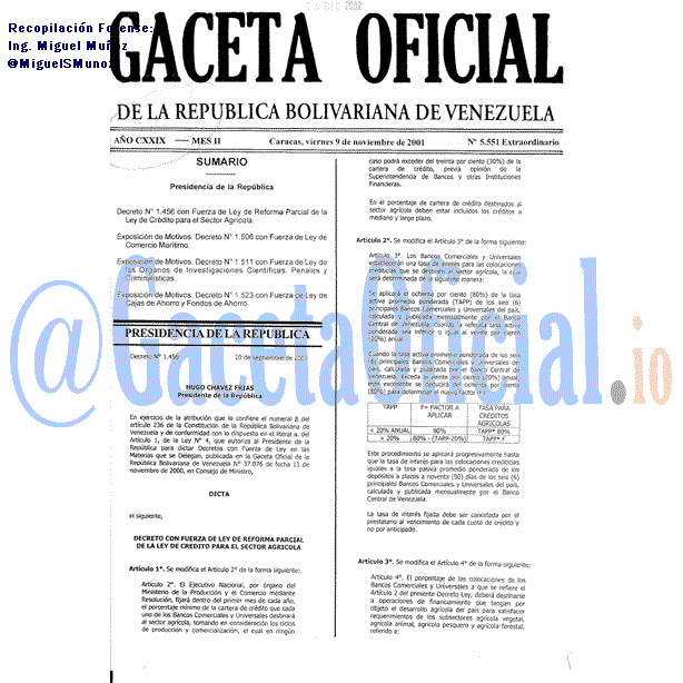 Gaceta Oficial 5551 del 9 Noviembre 2001