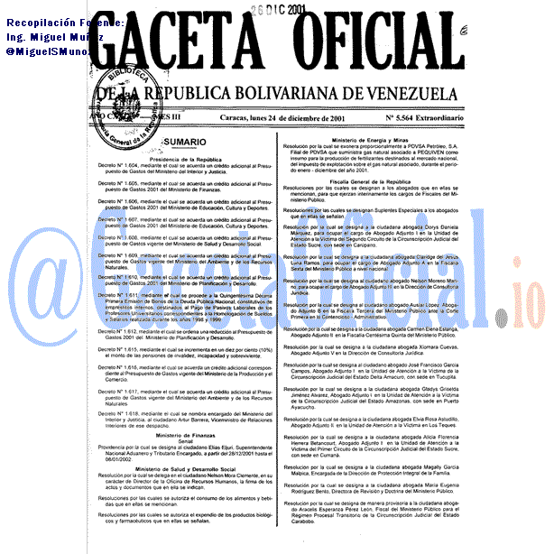 Gaceta Oficial 5564 del 24 Diciembre 2001
