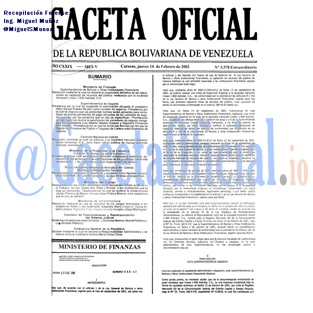 Gaceta Oficial 5578 del 14 Febrero 2002