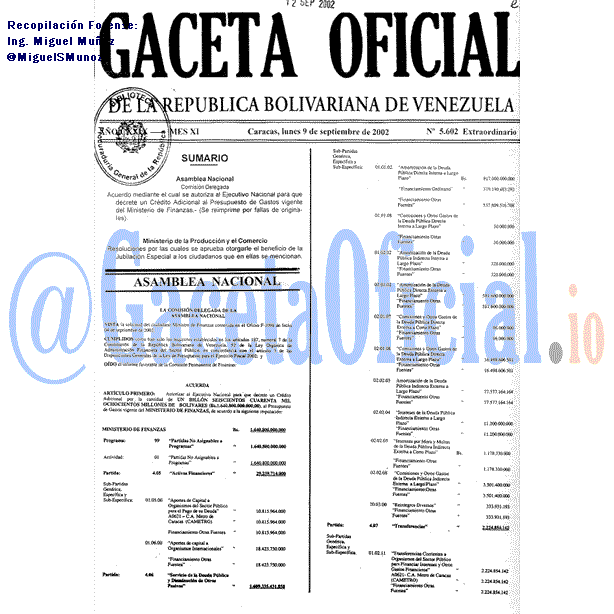 Gaceta Oficial 5602 del 9 Septiembre 2002