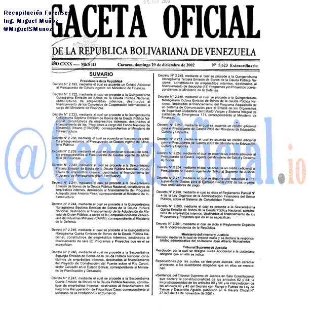 Gaceta Oficial 5623 del 29 Diciembre 2002