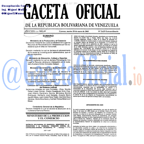 Gaceta Oficial 5625 del 28 Enero 2003