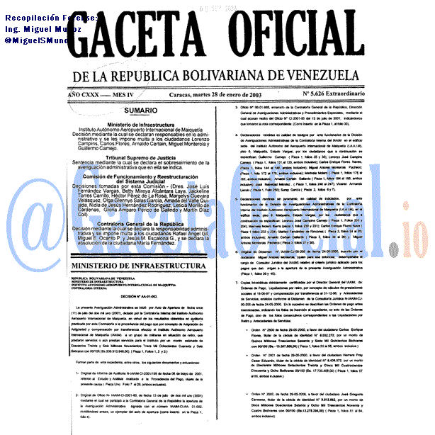 Gaceta Oficial 5626 del 28 Enero 2003