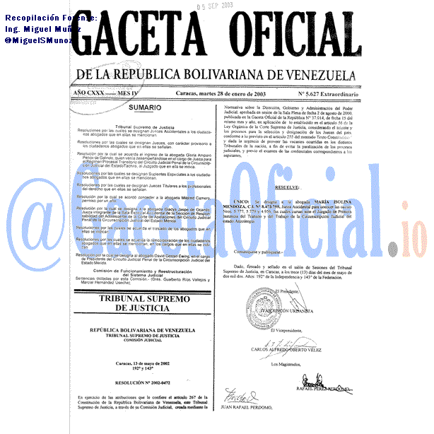 Gaceta Oficial 5627 del 28 Enero 2003