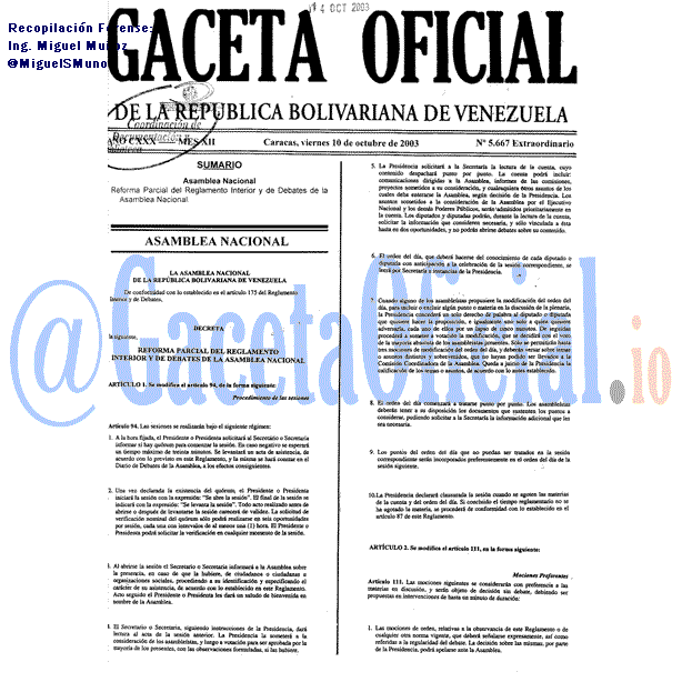 Gaceta Oficial 5667 del 10 Octubre 2003