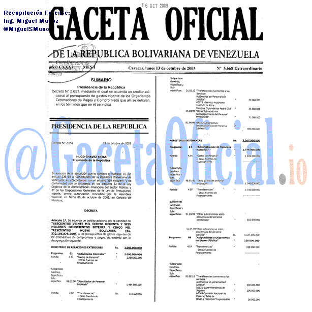 Gaceta Oficial 5668 del 13 Octubre 2003